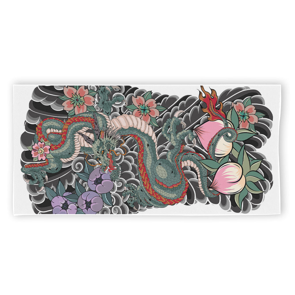 Green Japanese Dragon Tattoo Print Beach Towel