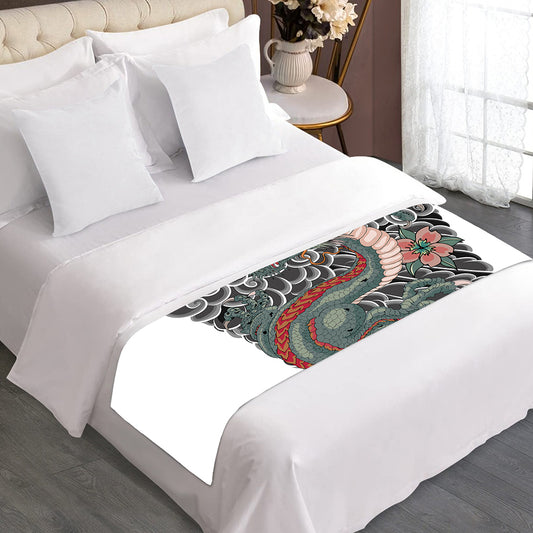 Green Japanese Dragon Tattoo Print Bed Runner
