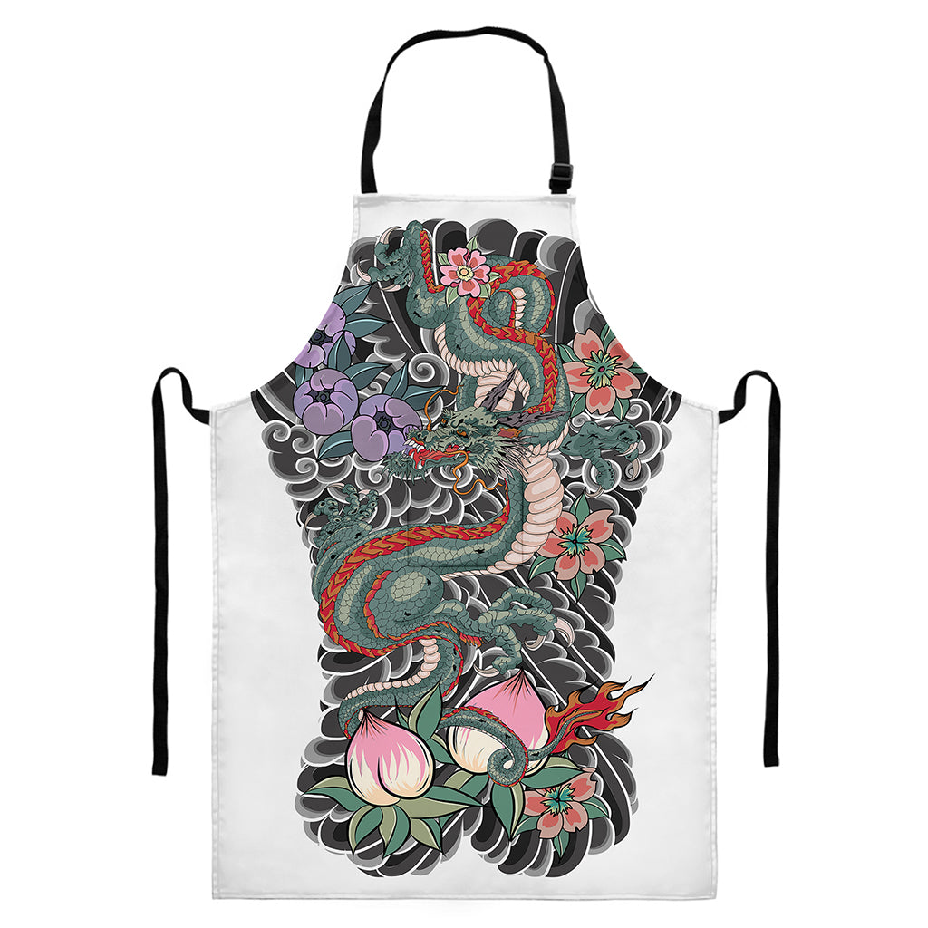 Green Japanese Dragon Tattoo Print Bib Apron With Pocket
