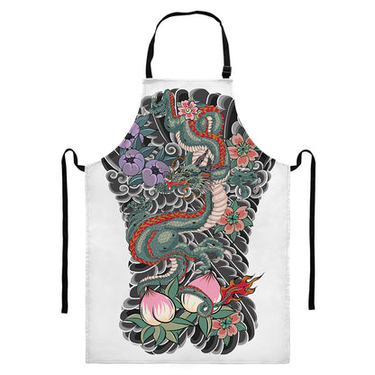 Green Japanese Dragon Tattoo Print Bib Apron With Pocket
