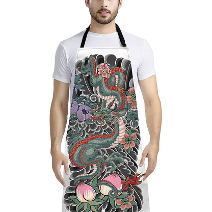 Green Japanese Dragon Tattoo Print Bib Apron With Pocket