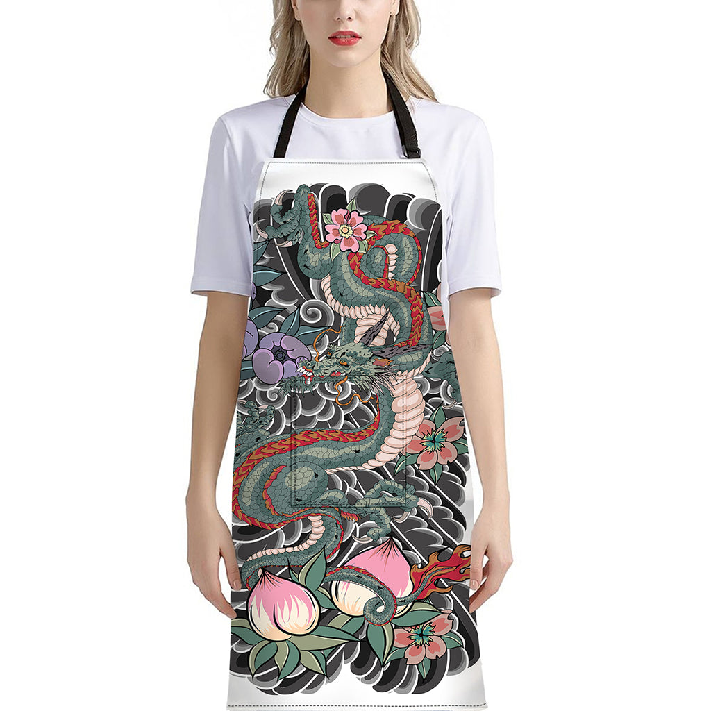 Green Japanese Dragon Tattoo Print Bib Apron With Pocket