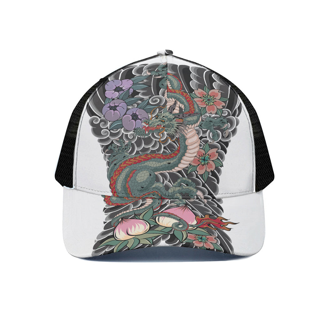 Green Japanese Dragon Tattoo Print Black Mesh Trucker Cap