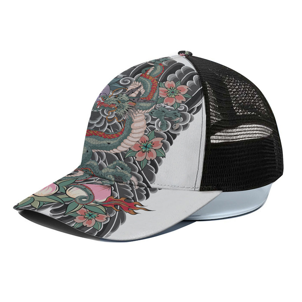 Green Japanese Dragon Tattoo Print Black Mesh Trucker Cap