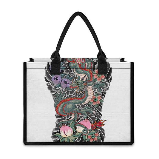 Green Japanese Dragon Tattoo Print Canvas Tote Bag