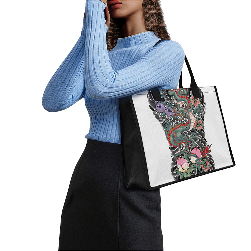 Green Japanese Dragon Tattoo Print Canvas Tote Bag