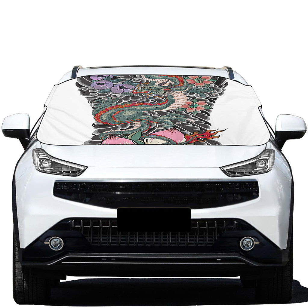 Green Japanese Dragon Tattoo Print Car Windshield Snow Cover