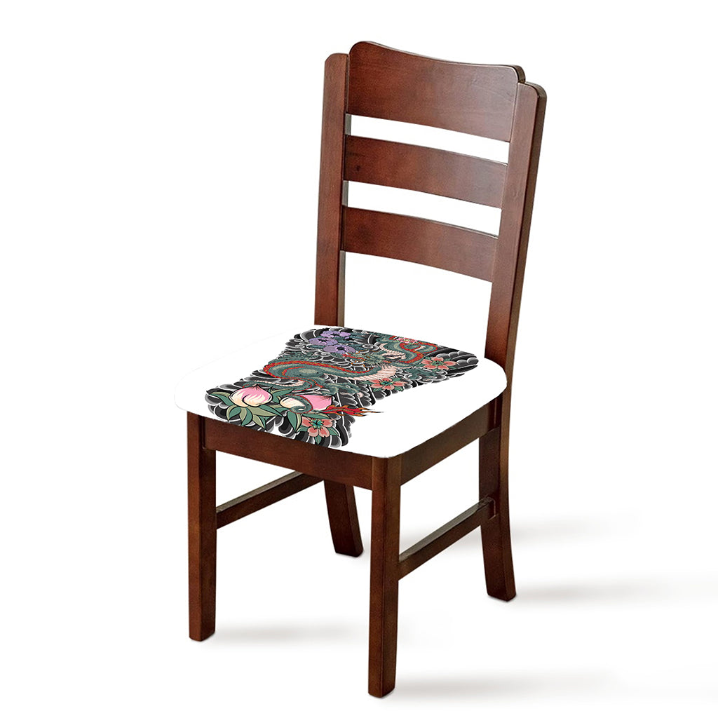 Green Japanese Dragon Tattoo Print Chair Cushion Cover