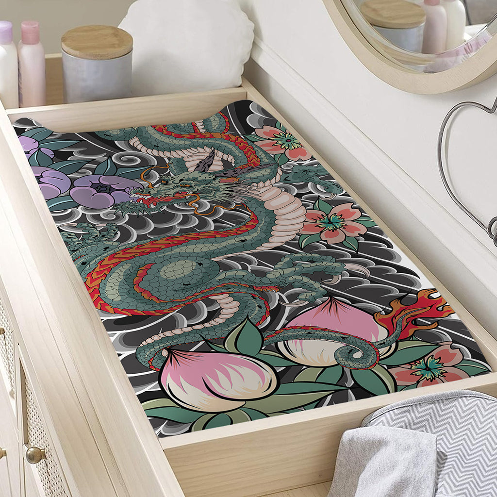 Green Japanese Dragon Tattoo Print Changing Pad Cover