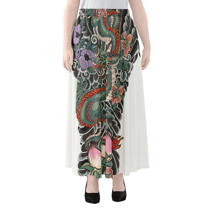 Green Japanese Dragon Tattoo Print Chiffon Maxi Skirt