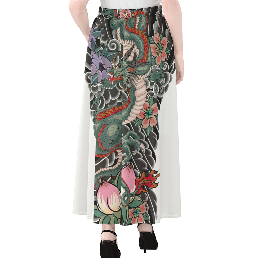 Green Japanese Dragon Tattoo Print Chiffon Maxi Skirt