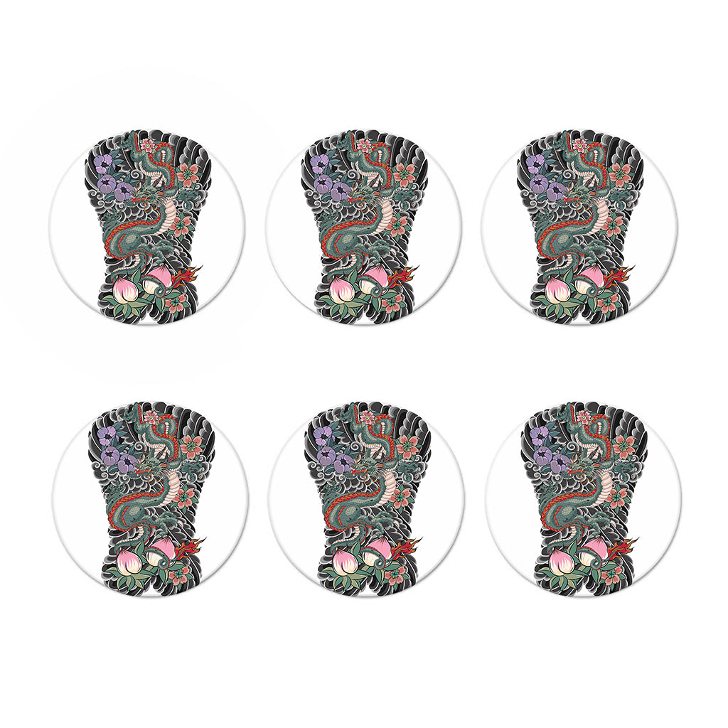 Green Japanese Dragon Tattoo Print Coaster Set