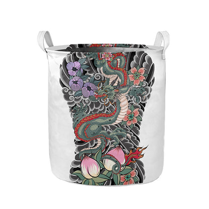 Green Japanese Dragon Tattoo Print Collapsible Laundry Basket