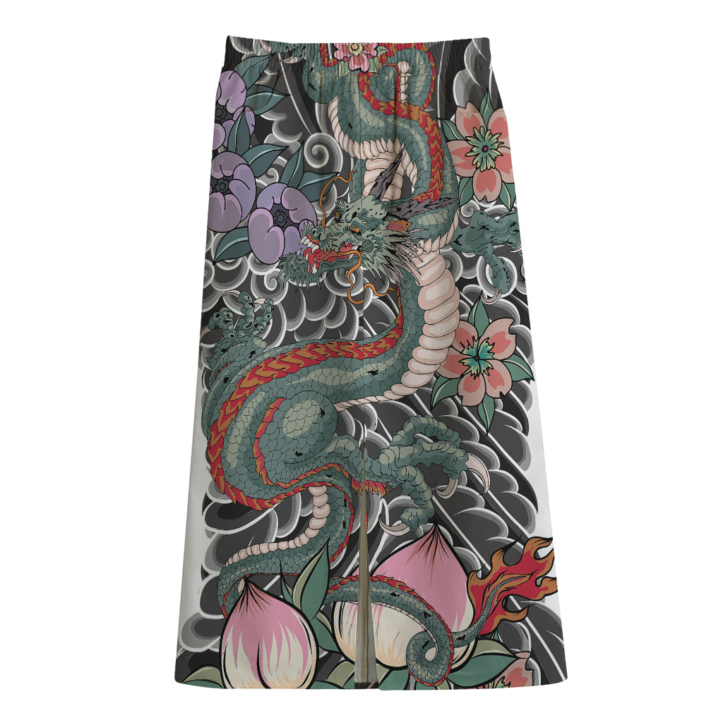 Green Japanese Dragon Tattoo Print Cotton Front Slit Maxi Skirt