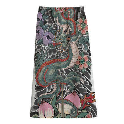 Green Japanese Dragon Tattoo Print Cotton Front Slit Maxi Skirt