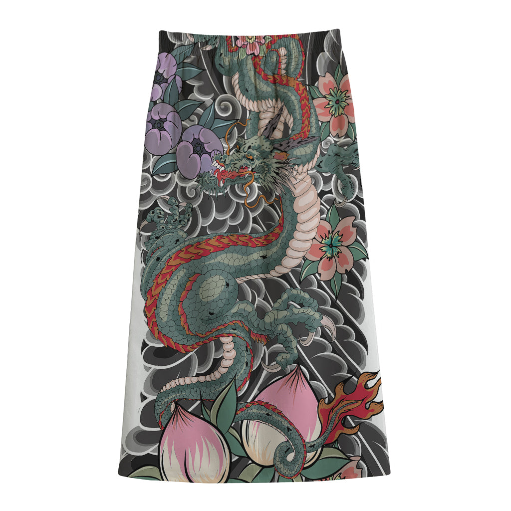 Green Japanese Dragon Tattoo Print Cotton Front Slit Maxi Skirt