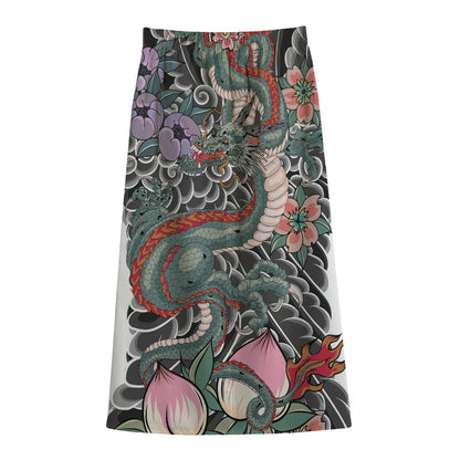 Green Japanese Dragon Tattoo Print Cotton Front Slit Maxi Skirt