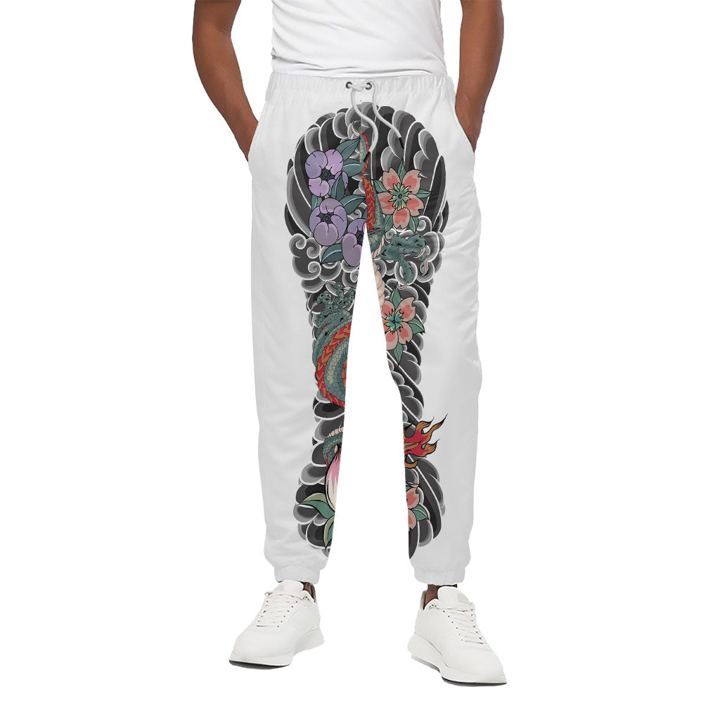 Green Japanese Dragon Tattoo Print Cotton Pants