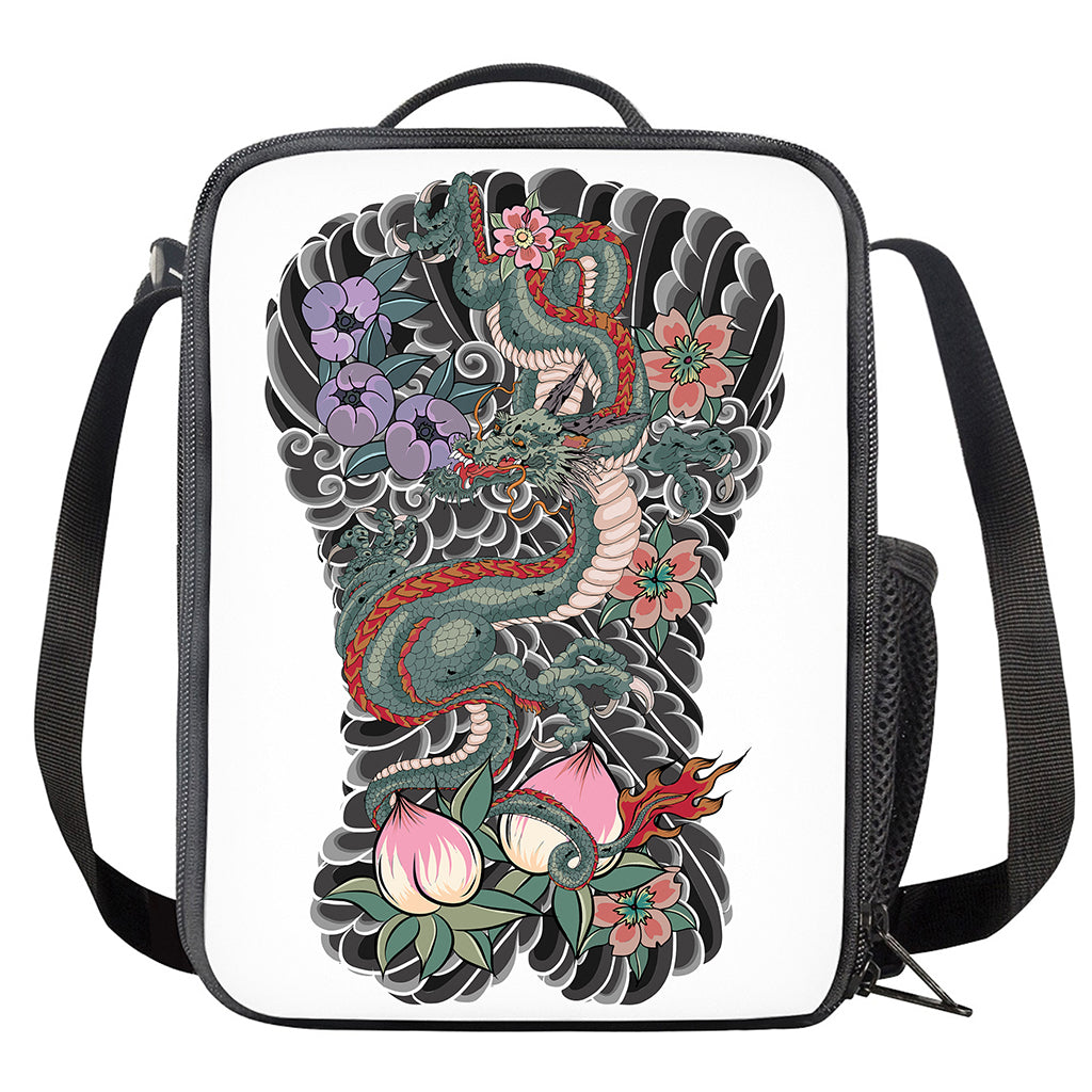 Green Japanese Dragon Tattoo Print Crossbody Lunch Bag