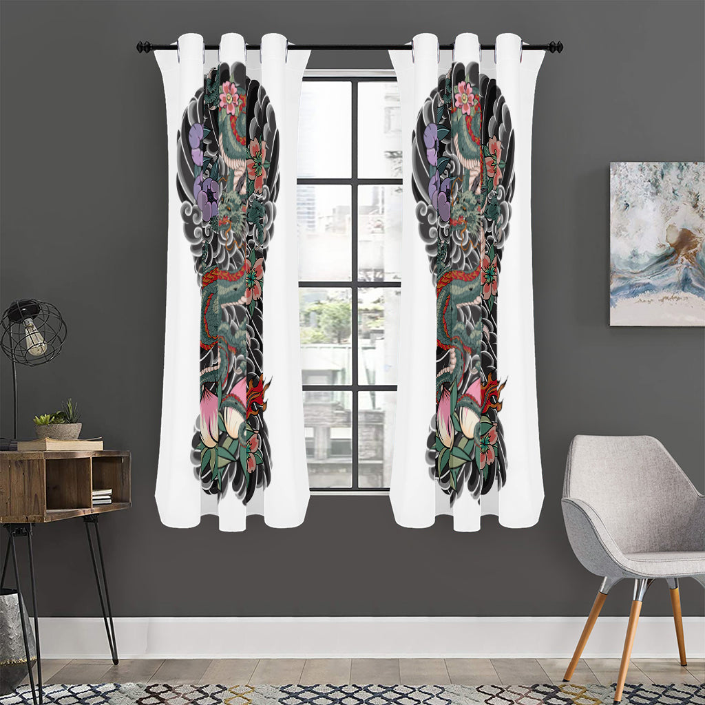 Green Japanese Dragon Tattoo Print Curtain