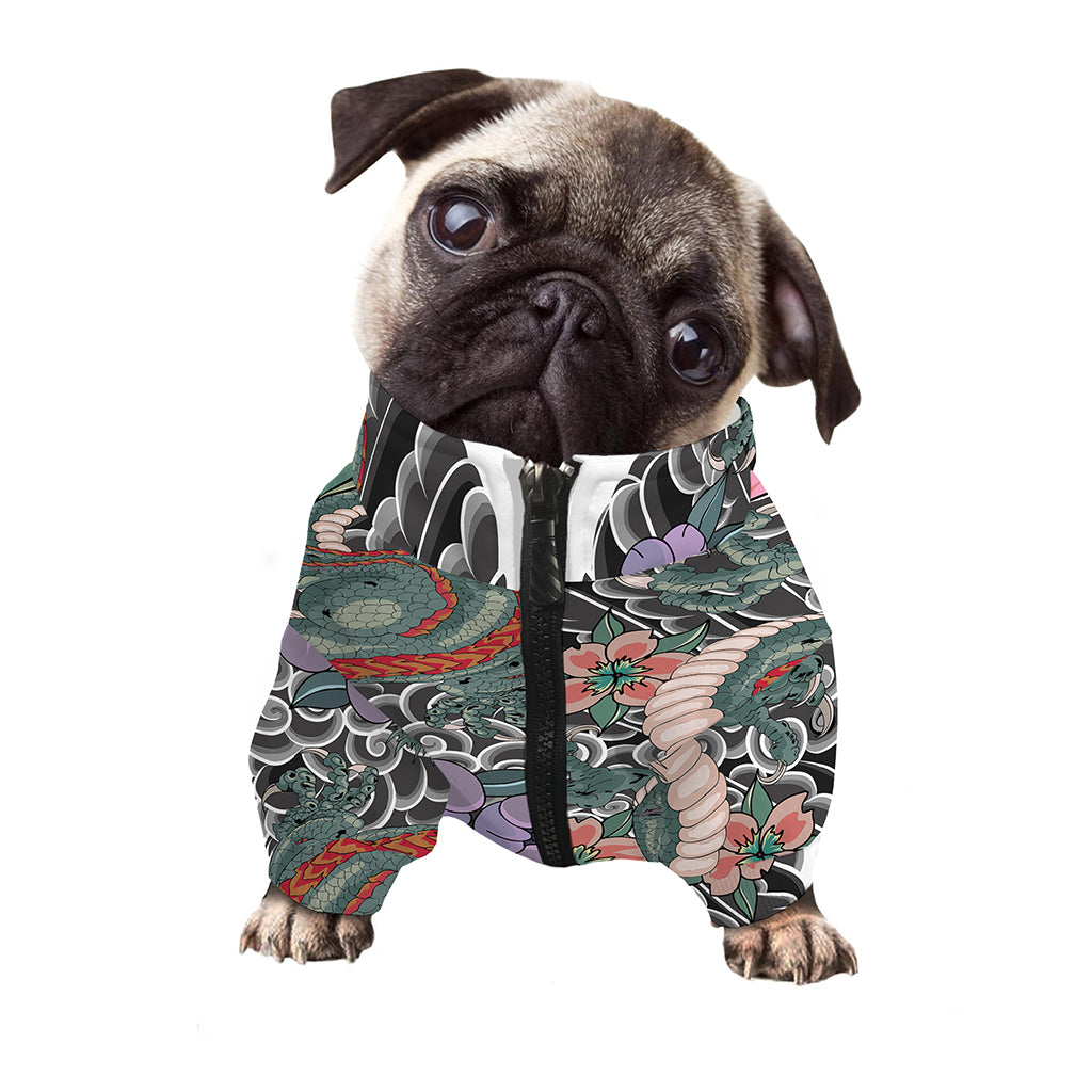 Green Japanese Dragon Tattoo Print Dog Zip Up Jacket