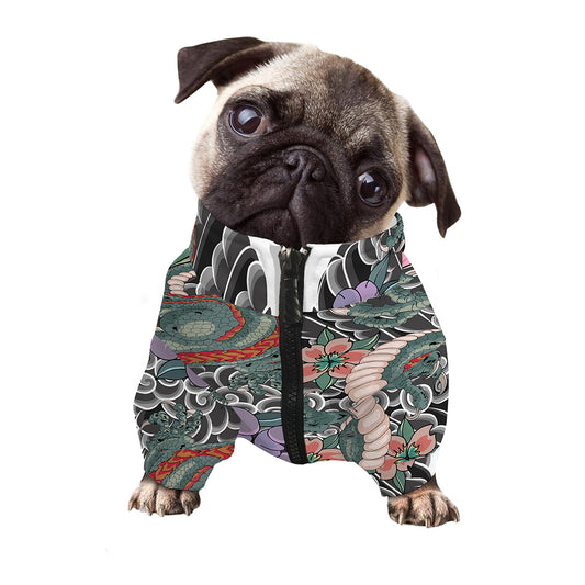 Green Japanese Dragon Tattoo Print Dog Zip Up Jacket