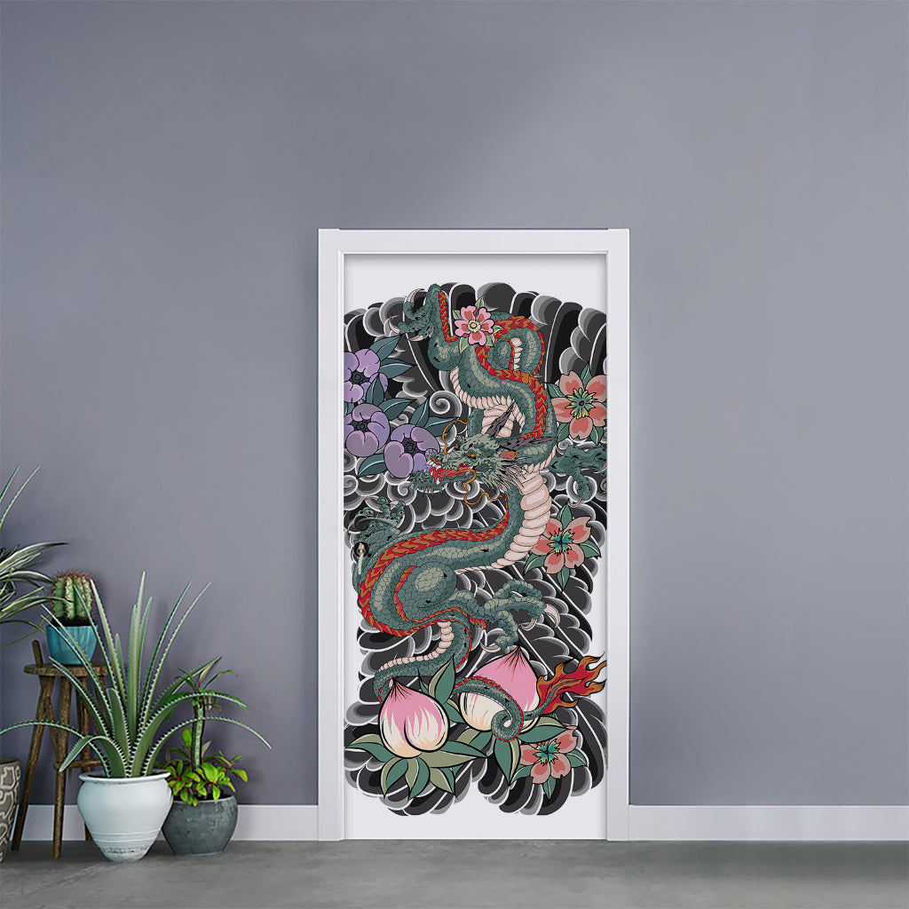 Green Japanese Dragon Tattoo Print Door Sticker