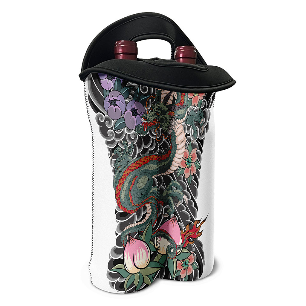 Green Japanese Dragon Tattoo Print Double Neoprene Wine Tote