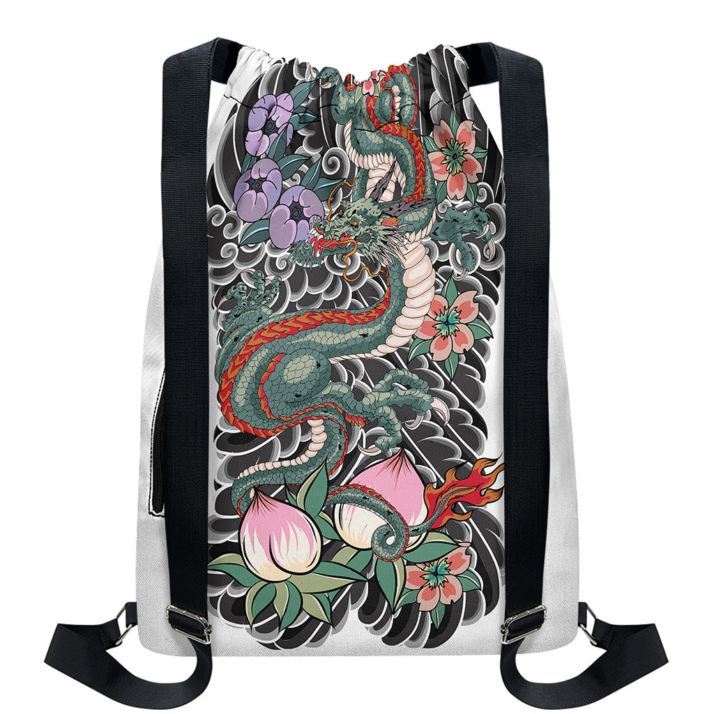 Green Japanese Dragon Tattoo Print Drawstring Backpack