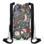 Green Japanese Dragon Tattoo Print Drawstring Backpack