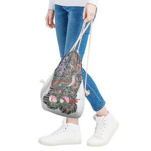 Green Japanese Dragon Tattoo Print Drawstring Bag