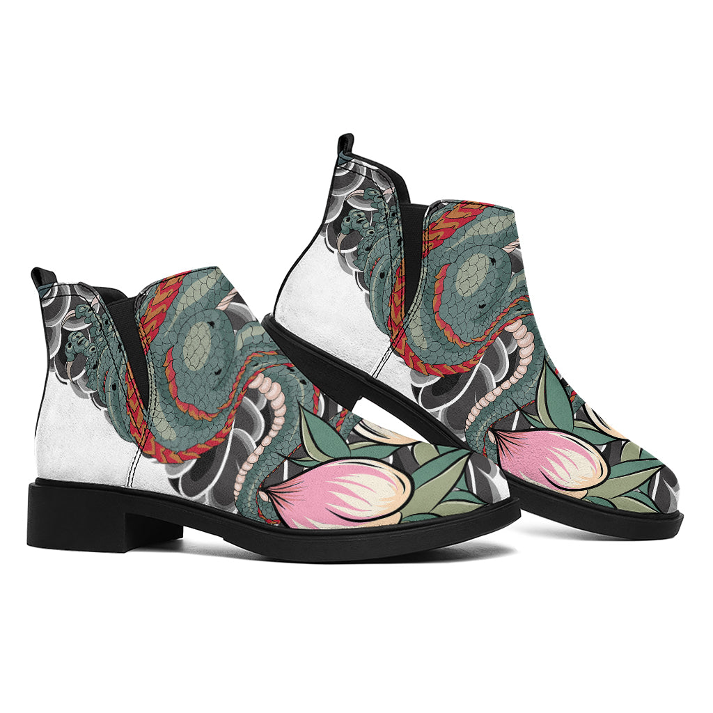 Green Japanese Dragon Tattoo Print Flat Ankle Boots