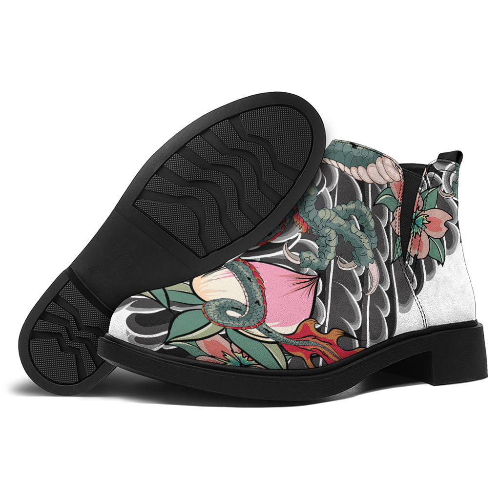 Green Japanese Dragon Tattoo Print Flat Ankle Boots