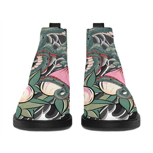 Green Japanese Dragon Tattoo Print Flat Ankle Boots