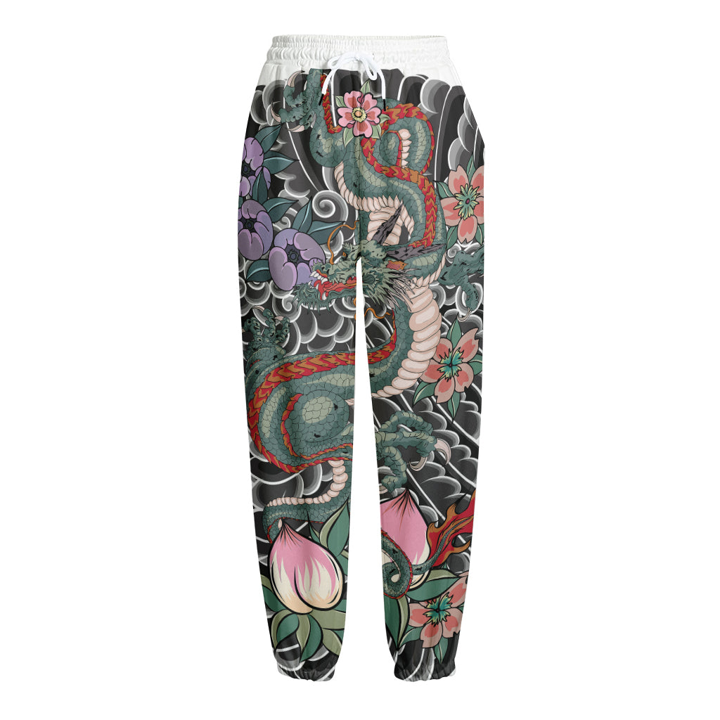 Green Japanese Dragon Tattoo Print Fleece Lined Knit Pants