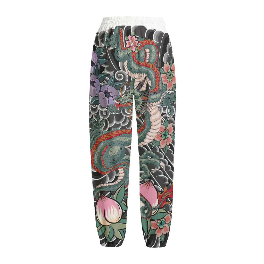 Green Japanese Dragon Tattoo Print Fleece Lined Knit Pants