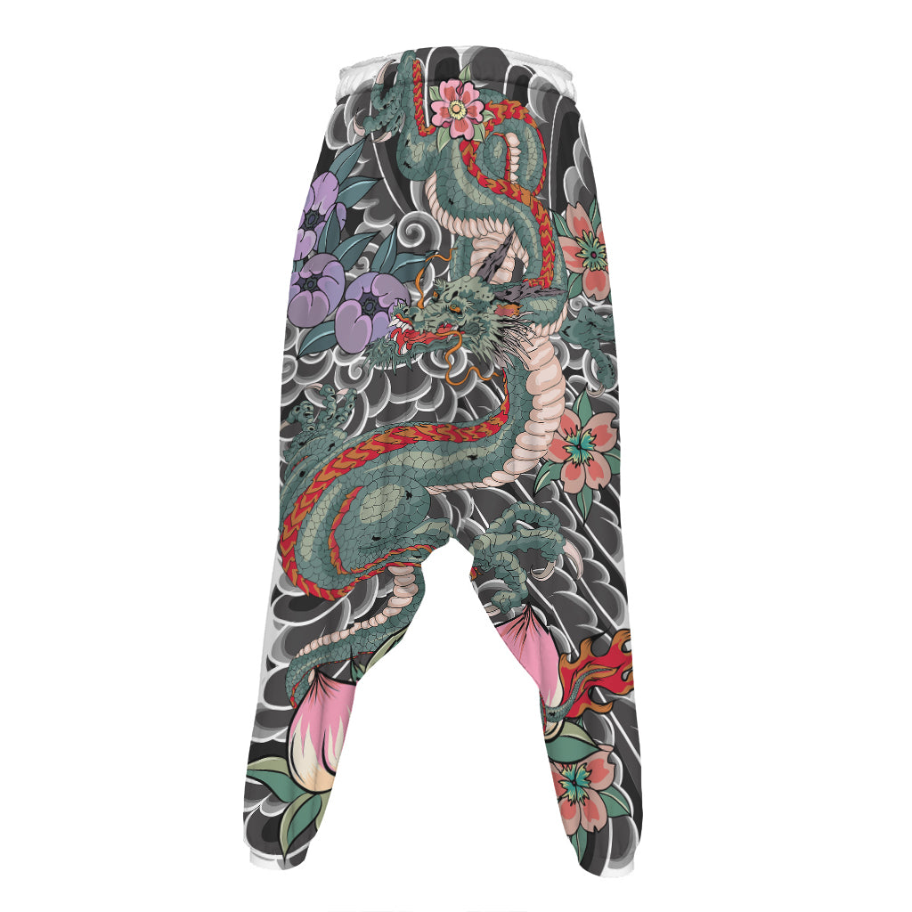 Green Japanese Dragon Tattoo Print Hammer Pants