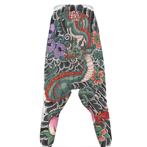 Green Japanese Dragon Tattoo Print Hammer Pants