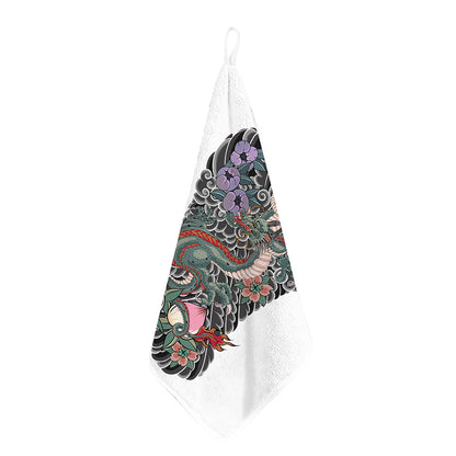 Green Japanese Dragon Tattoo Print Hand Towel