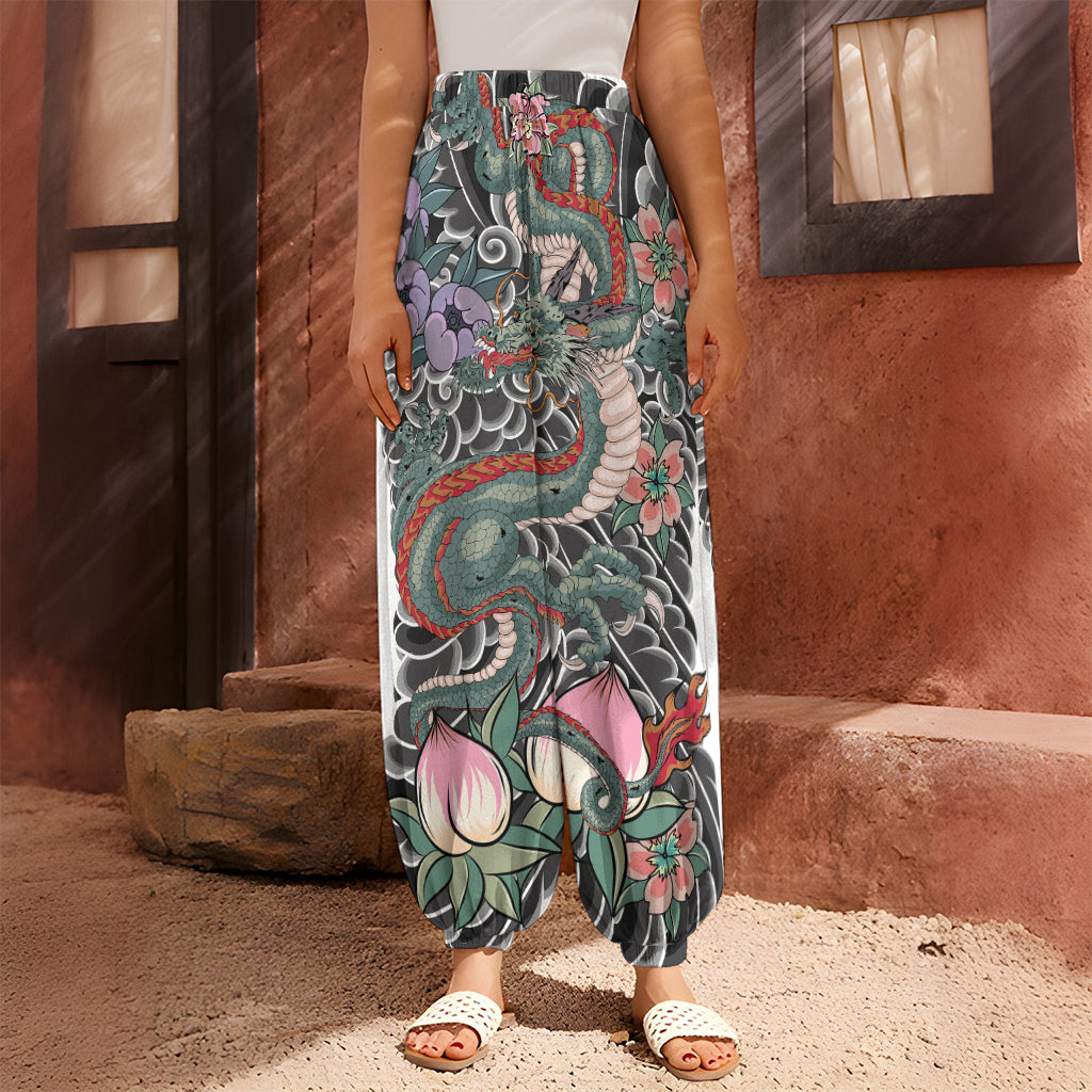 Green Japanese Dragon Tattoo Print Harem Pants