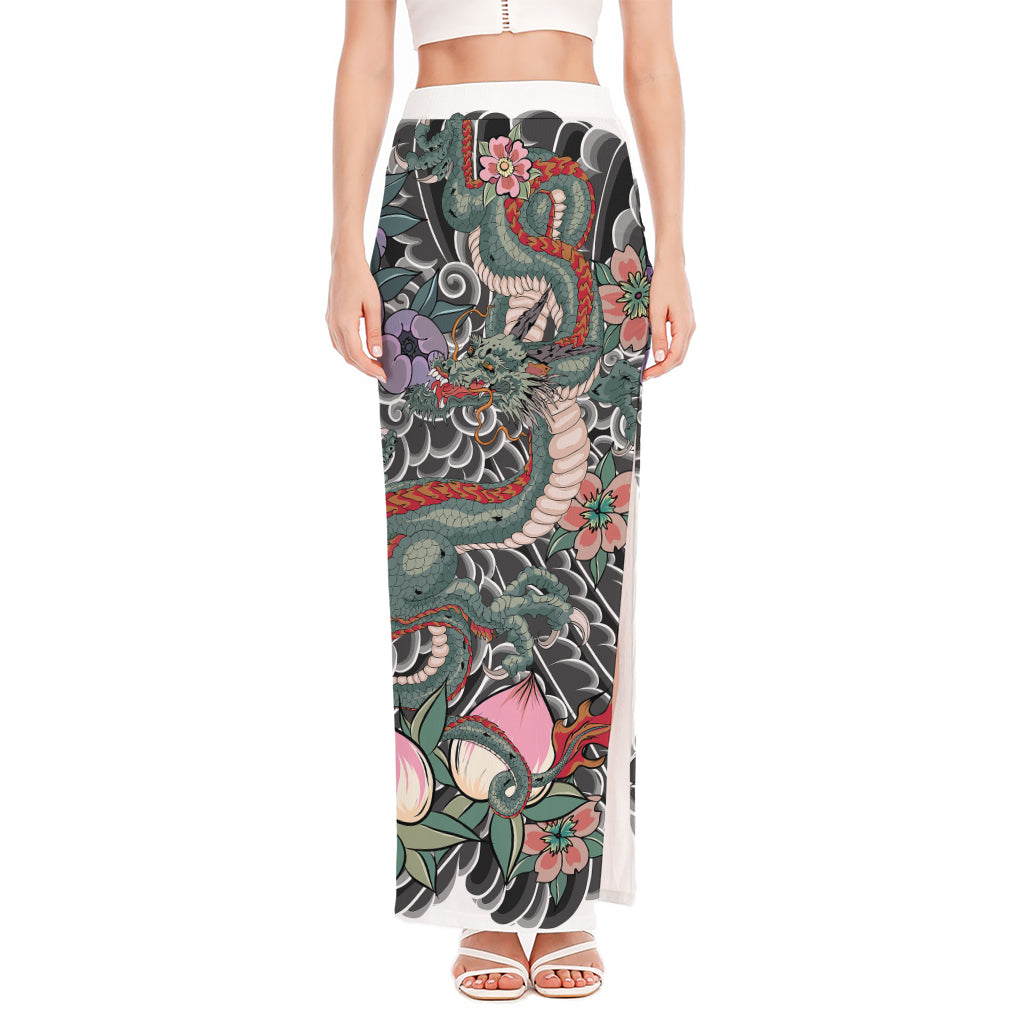 Green Japanese Dragon Tattoo Print High Slit Maxi Skirt