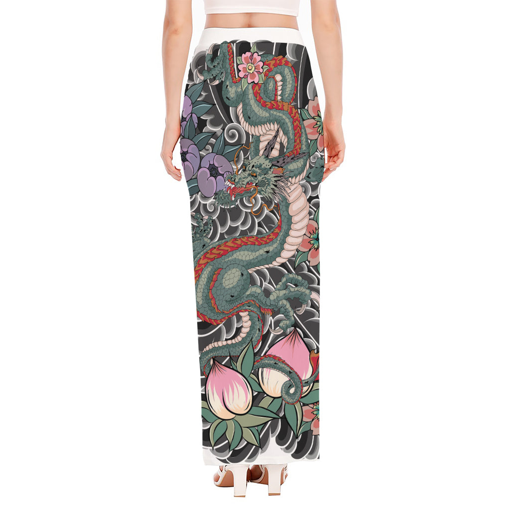 Green Japanese Dragon Tattoo Print High Slit Maxi Skirt