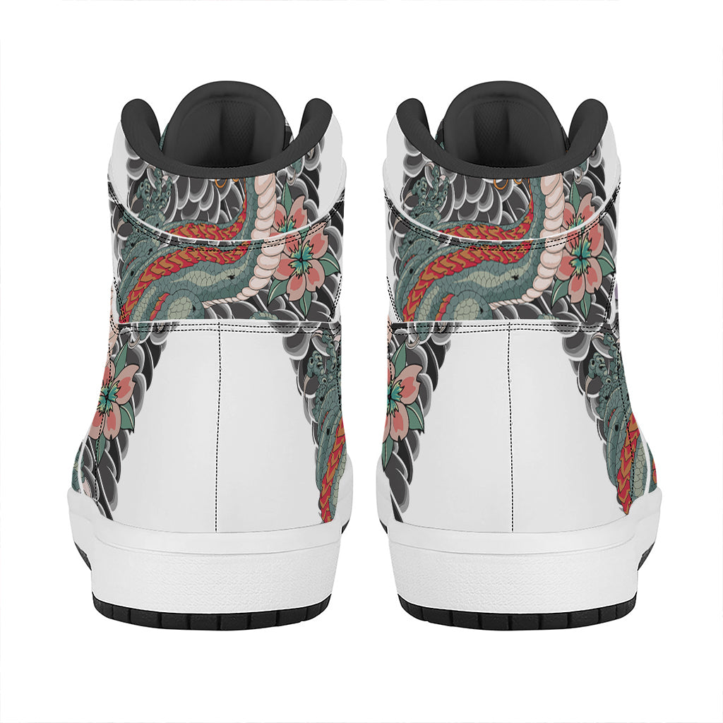 Green Japanese Dragon Tattoo Print High Top Leather Sneakers