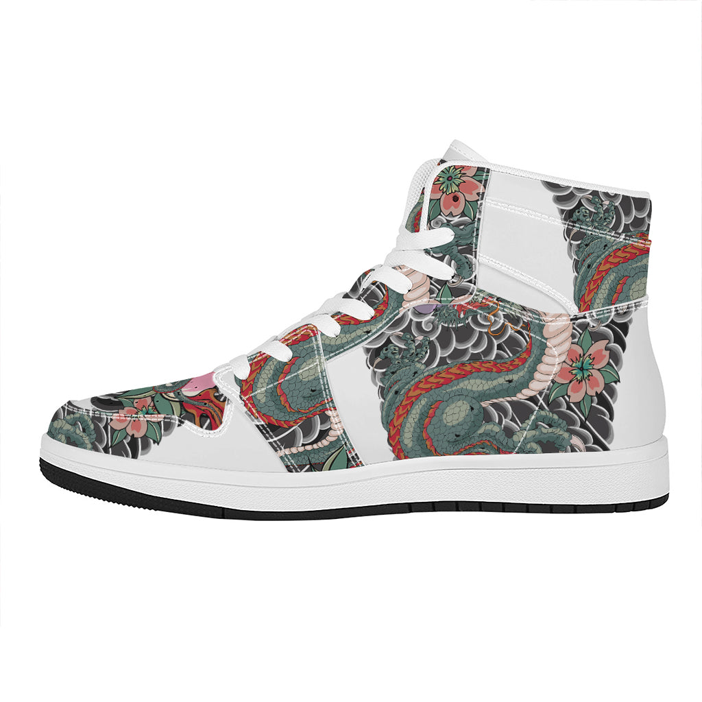 Green Japanese Dragon Tattoo Print High Top Leather Sneakers