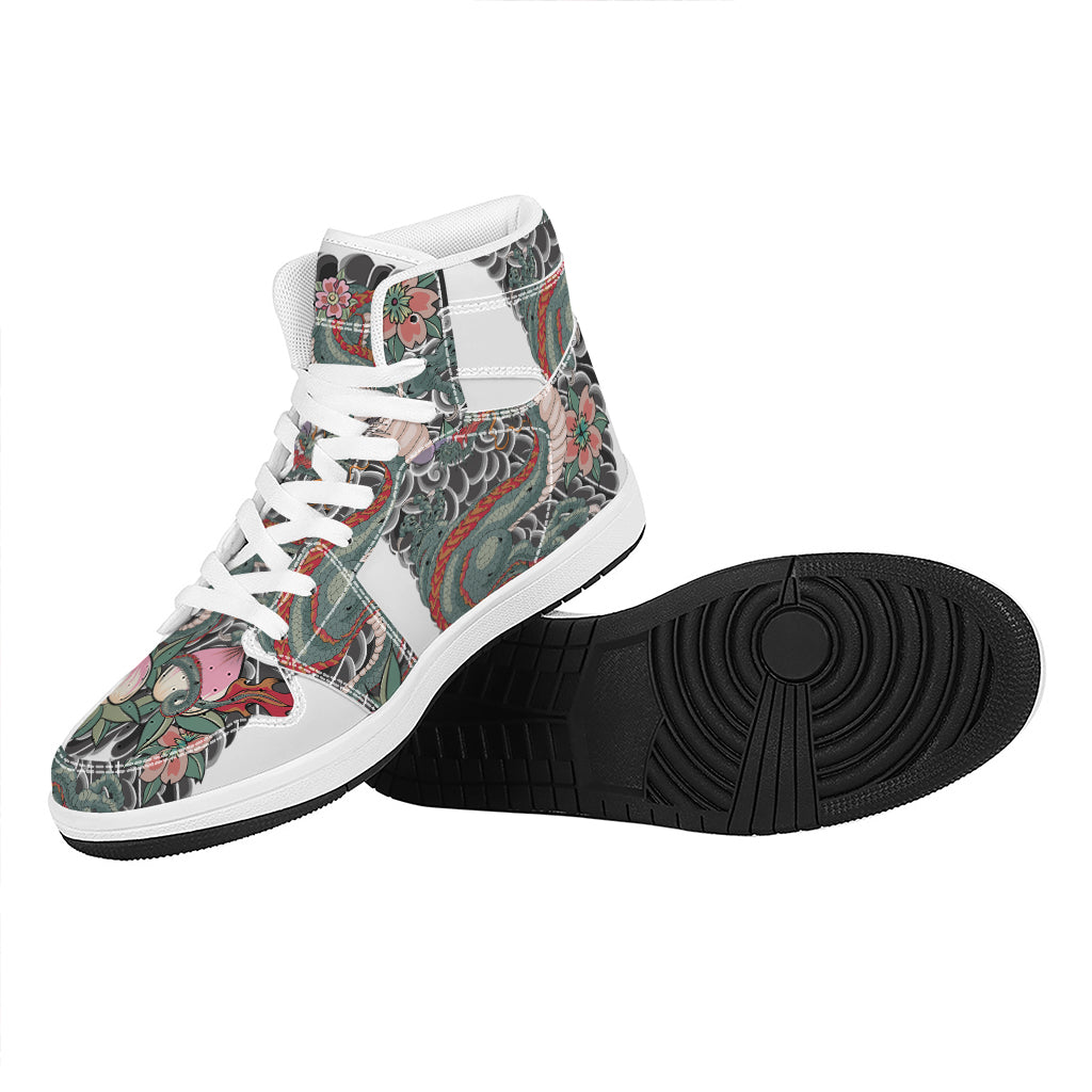 Green Japanese Dragon Tattoo Print High Top Leather Sneakers