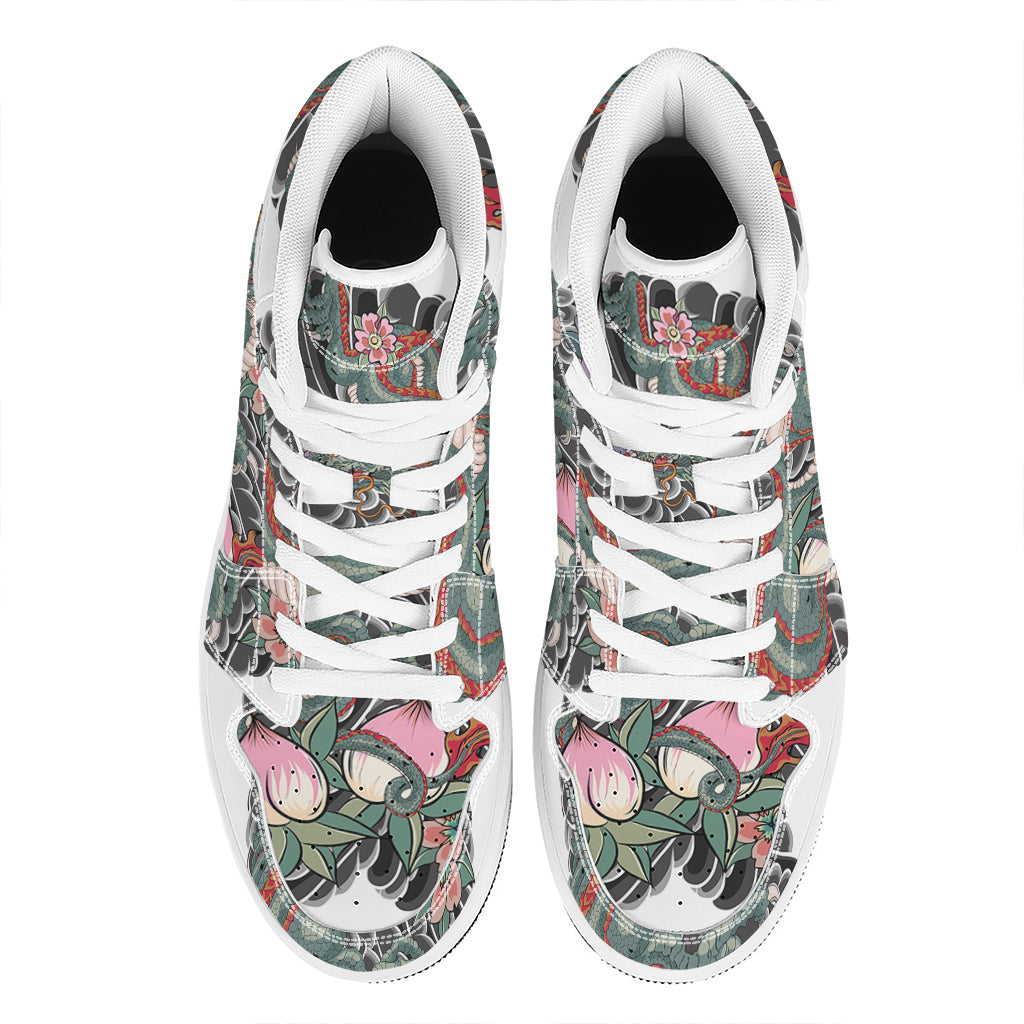 Green Japanese Dragon Tattoo Print High Top Leather Sneakers