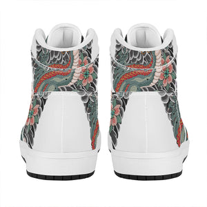 Green Japanese Dragon Tattoo Print High Top Leather Sneakers