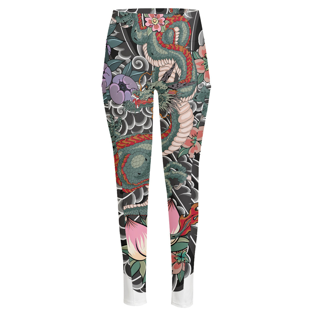 Green Japanese Dragon Tattoo Print High-Waisted Pocket Leggings