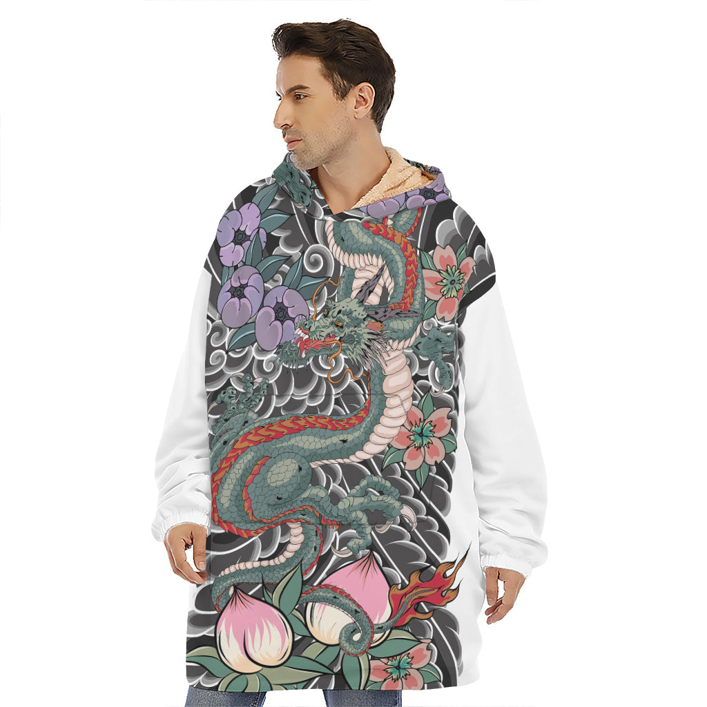 Green Japanese Dragon Tattoo Print Hoodie Blanket