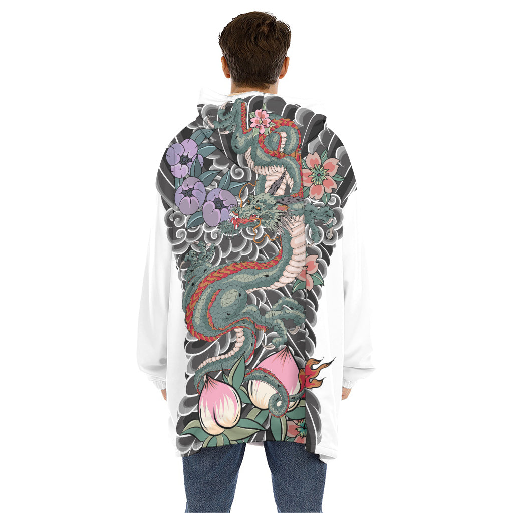 Green Japanese Dragon Tattoo Print Hoodie Blanket